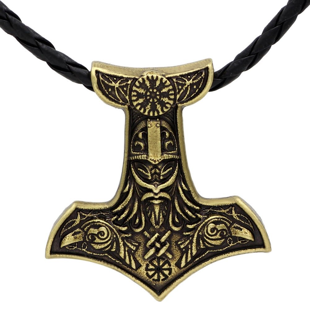 Pendentif Viking Mjölnir couleur doré avec corde noir