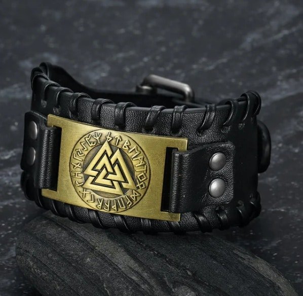 Bracelet Viking Valknut en Cuir et Alliage noir et or