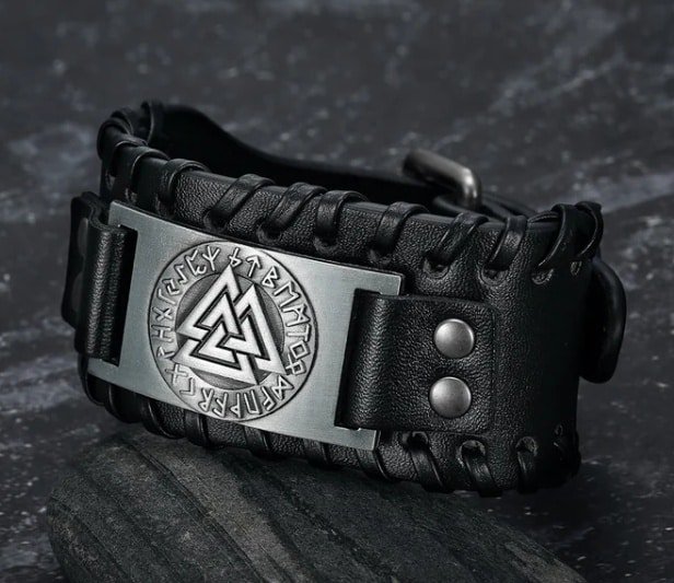 Bracelet Viking Valknut en Cuir et Alliage noir et argent