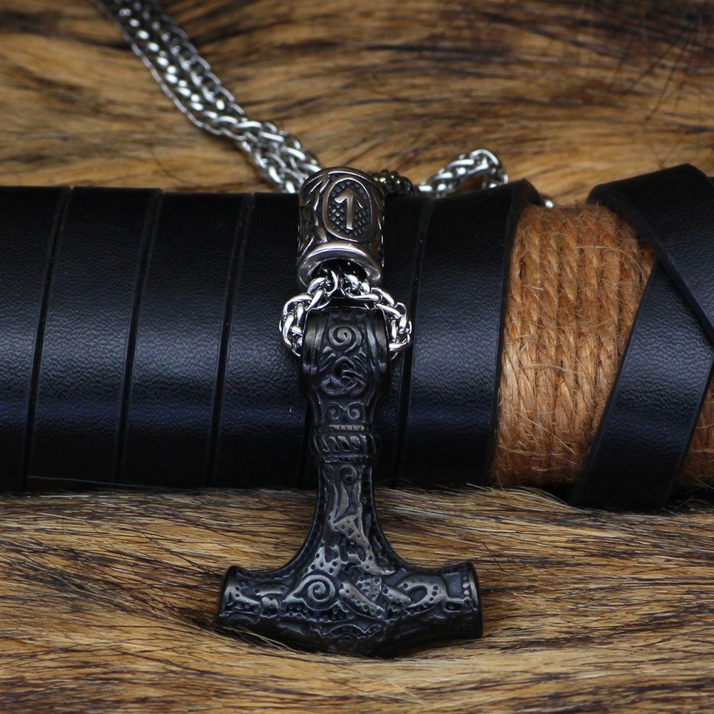 Pendentif Viking Marteau de Thor avec Dragon noir