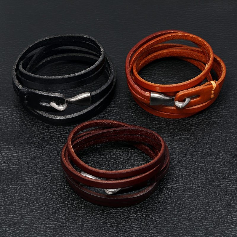 Bracelet Viking en Cuir robuste noir marron clair et marron foncé