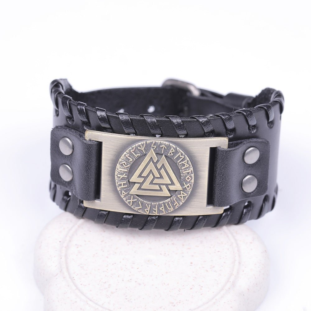 Bracelet Viking en cuir avec symbole Valknut noir et or