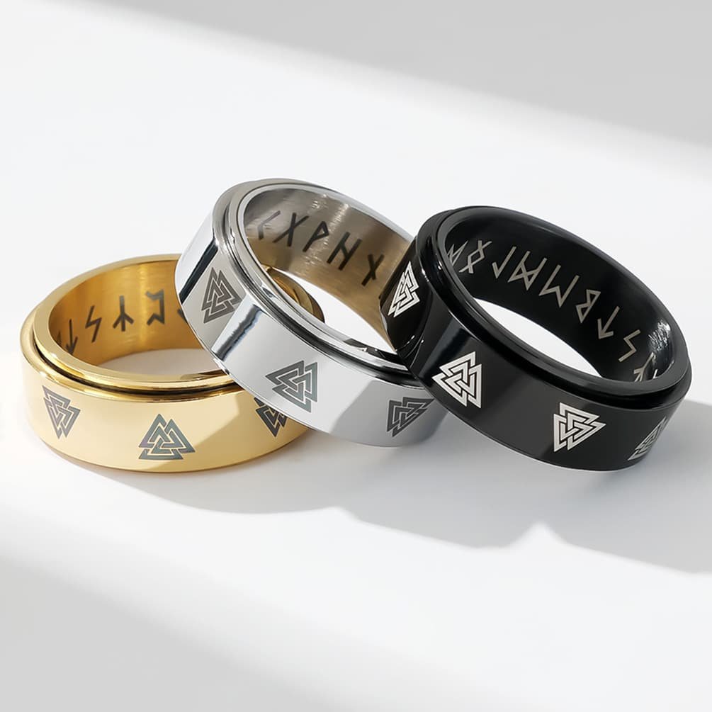 Bague viking en acier inoxydable avec runes or argent et noir