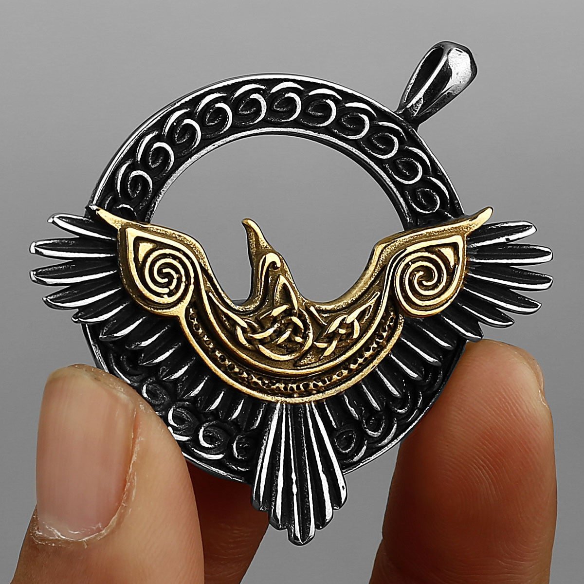 Pendentif Viking Oiseau Phénix en Acier Titane doré