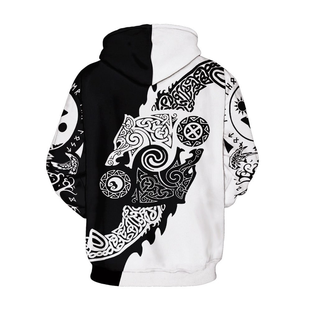 Sweat à capuche Viking Motif Bouclier Celtique blanc et noir