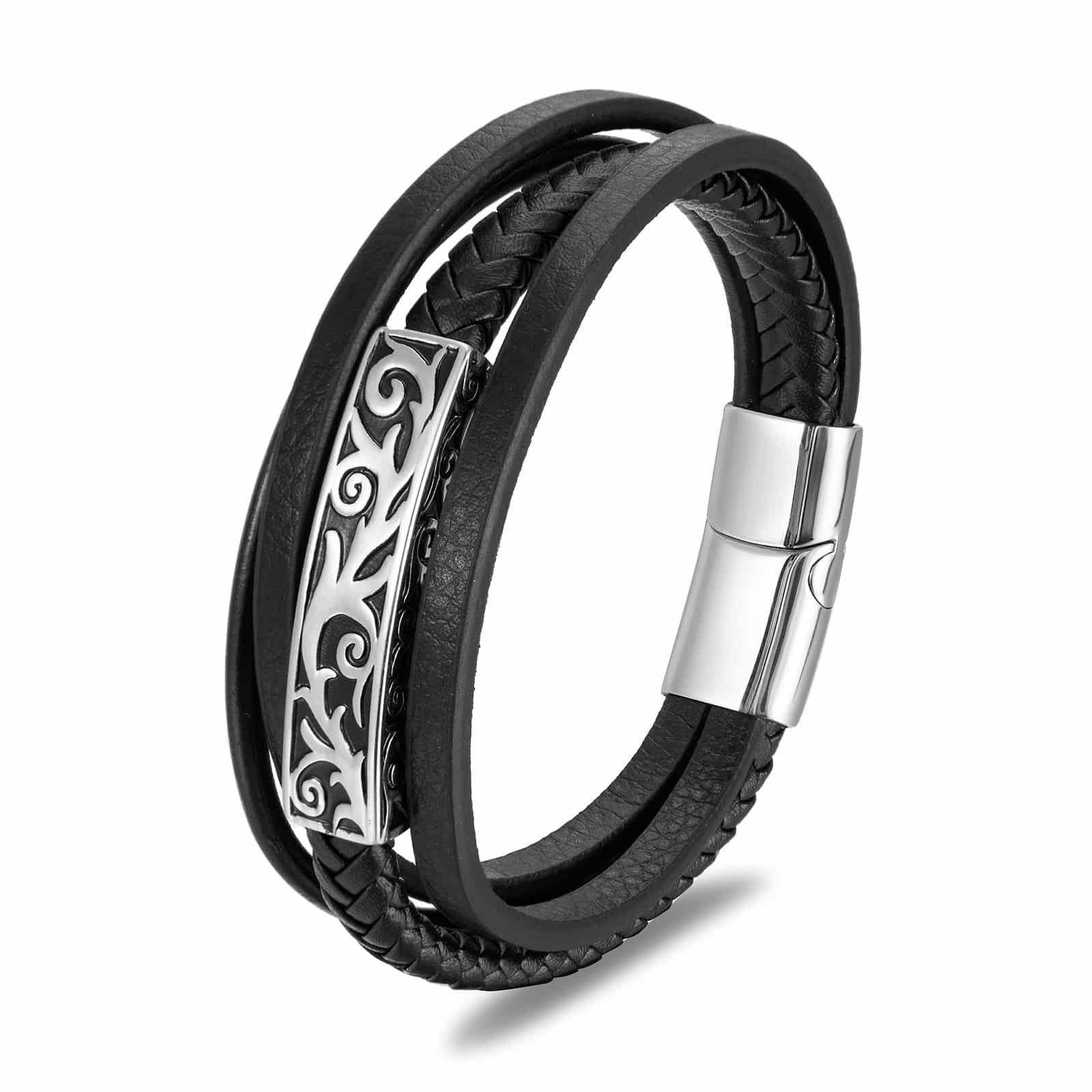 Bracelet viking en cuir tressé noir avec fermoir et motifs gravés celtique