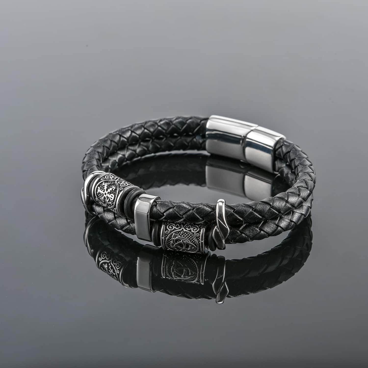 Bracelet viking en cuir tressé noir avec fermoir et motifs gravés pour homme