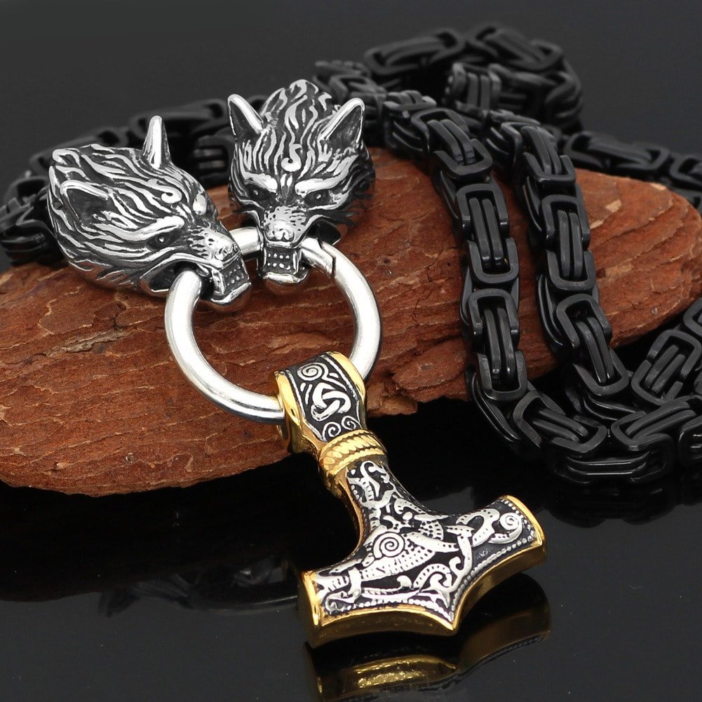 Pendentif Viking Tête de Loup argent et or