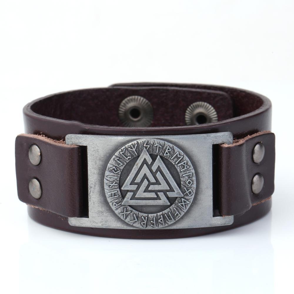 Bracelet Viking en cuir avec symbole Valknut marron foncé et acier