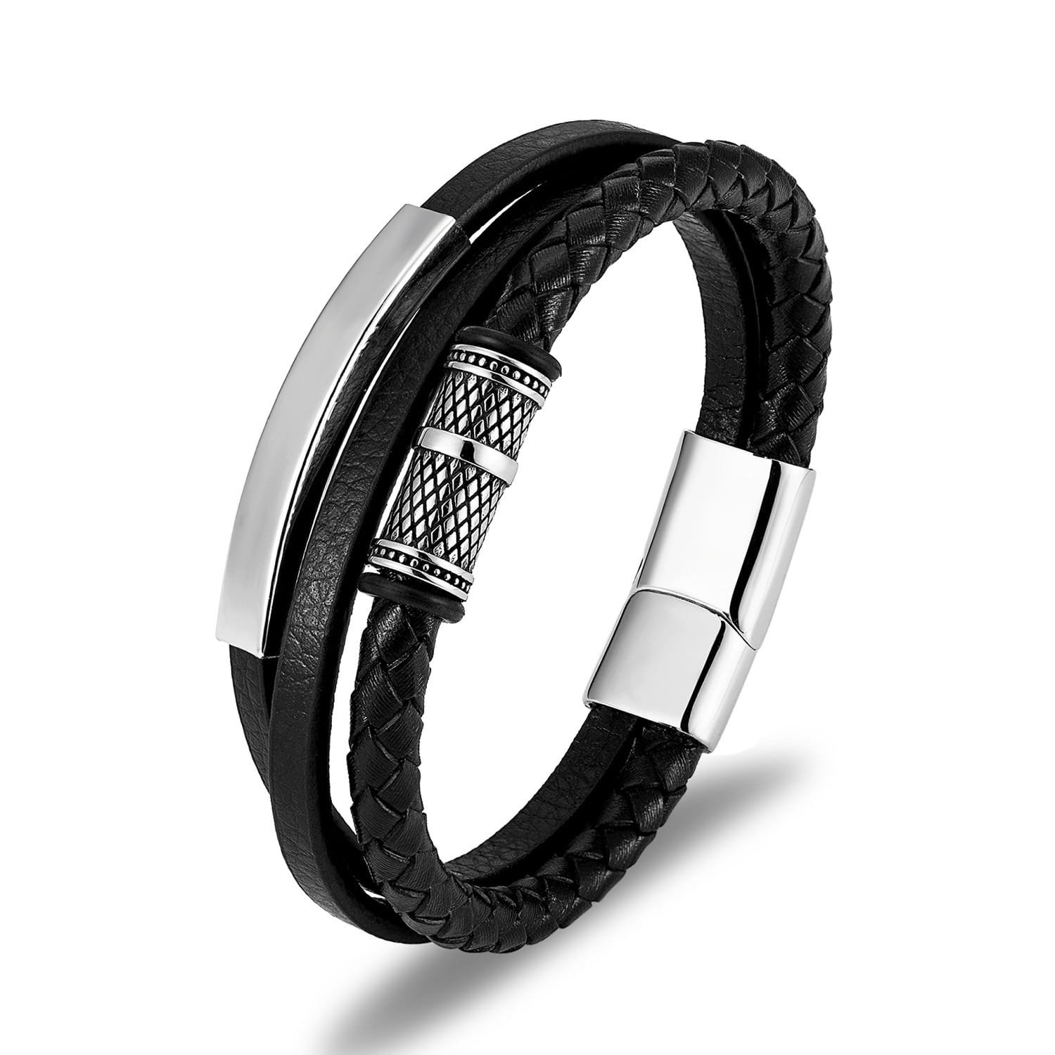 Bracelet viking en cuir tressé noir avec fermoir et motifs gravés