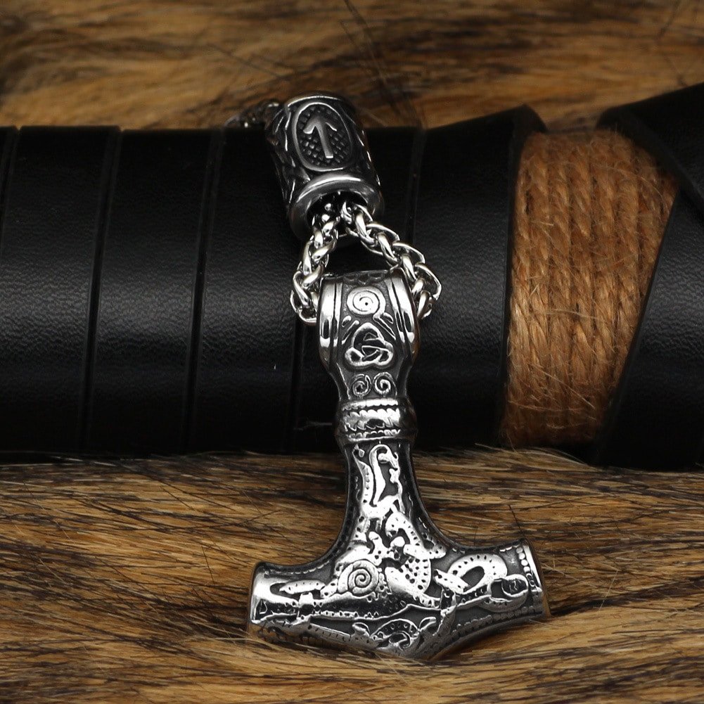 Pendentif Viking Marteau de Thor avec Dragon argenté