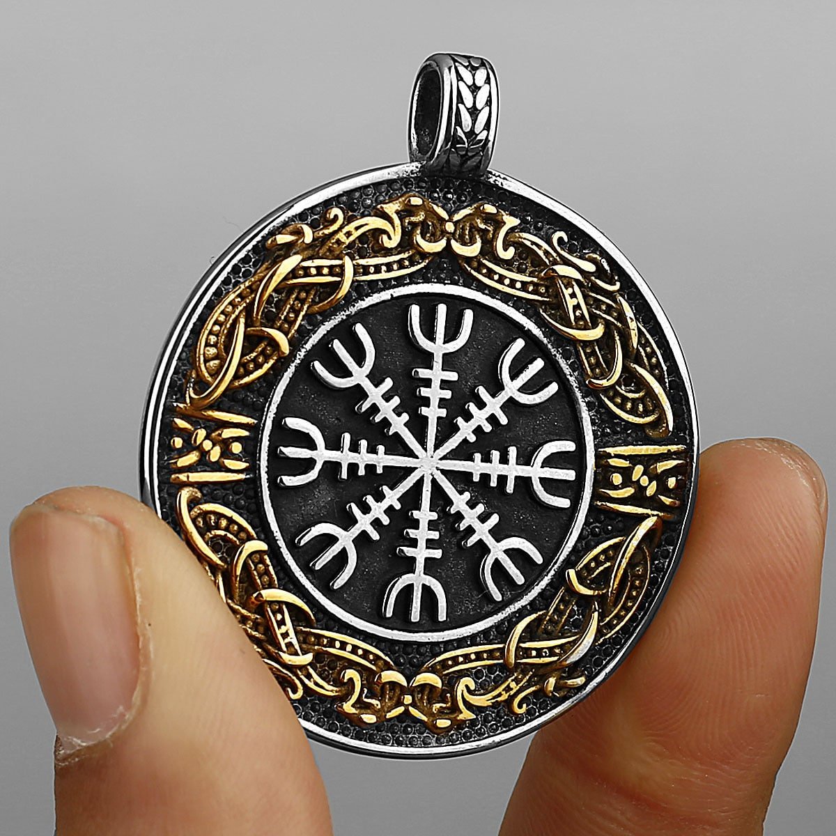 Pendentif Viking Boussole Vegvísir Acier Titane couleur bronze