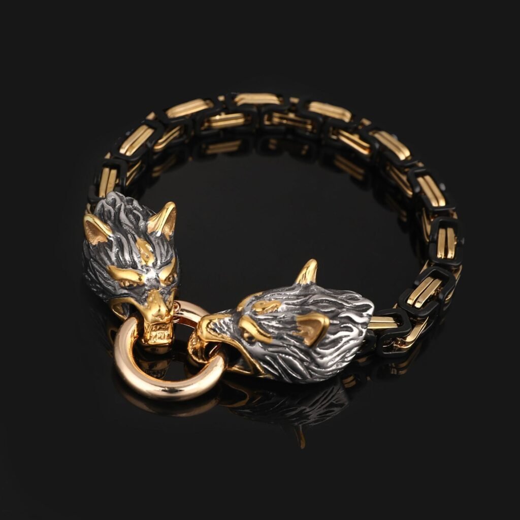 Bracelet Viking Tête de Loup en Acier Inoxydable robuste chaine or et noir