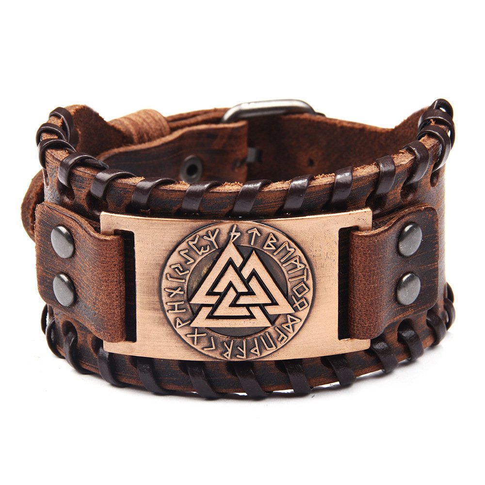 Bracelet Viking en Cuir avec Symbole Runique couleur bronze