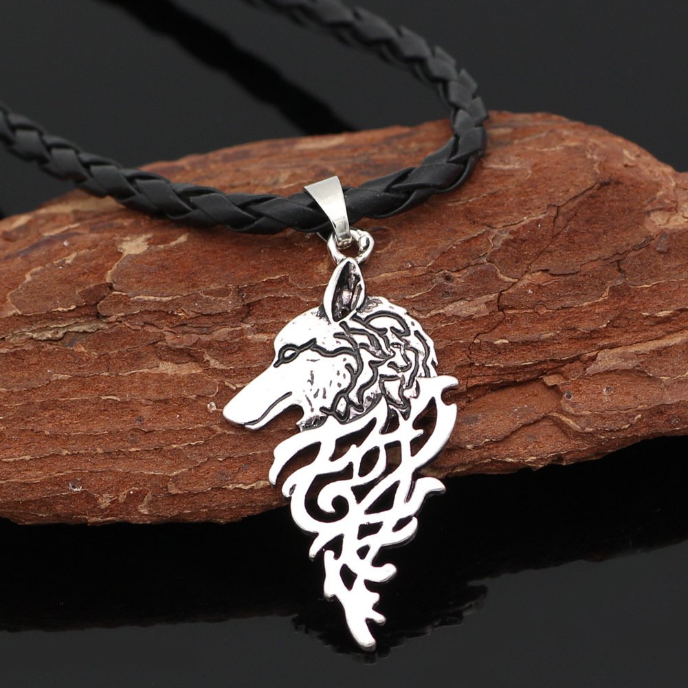 Pendentif Viking Tête de Loup Stylisé cordon en cuir