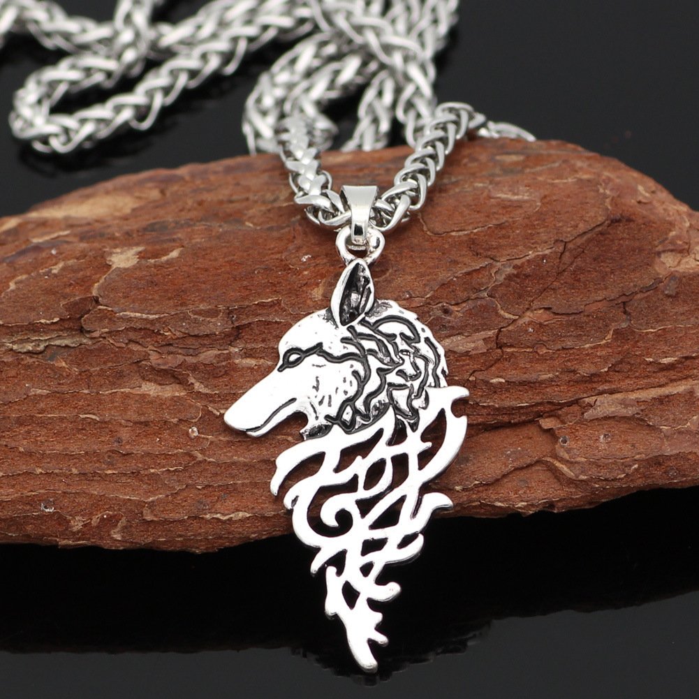 Pendentif Viking Tête de Loup Stylisé chaine en acier