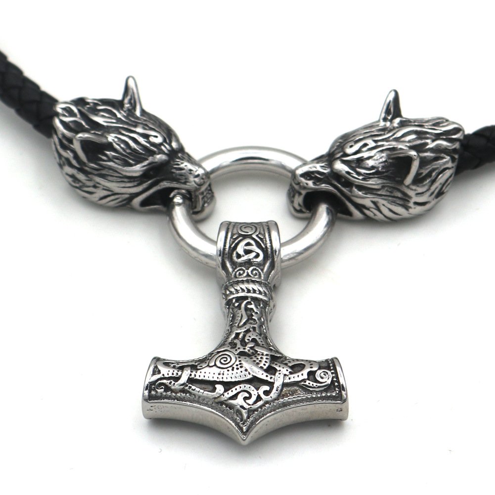 Collier Viking Marteau de Thor avec Têtes de Loup en Acier Titane style retro