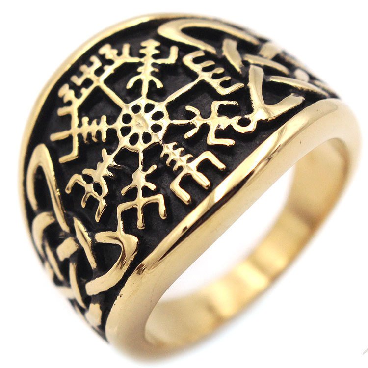 Bague Viking Boussole et Corbeaux doré