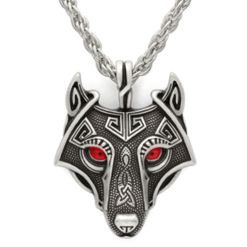 Pendentif Tête de Loup Viking en Alliage Style Rétro avec pierre rouge