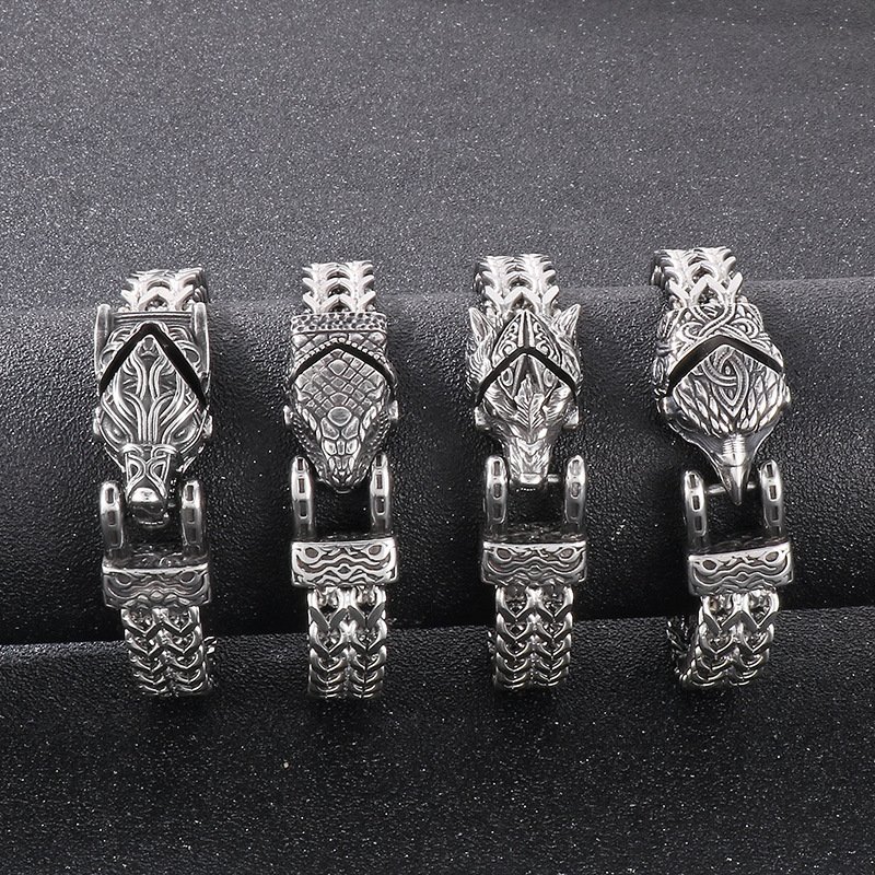 Bracelet Viking Tête de Loup en Acier Titane finition brillante