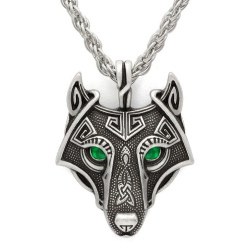 Pendentif Tête de Loup Viking en Alliage Style Rétro avec pierre vert