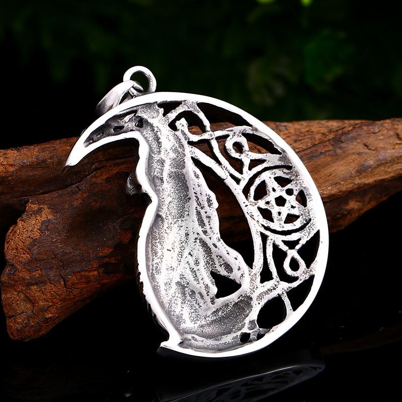 Pendentif Viking Loup et Lune en Acier Titane finition polie