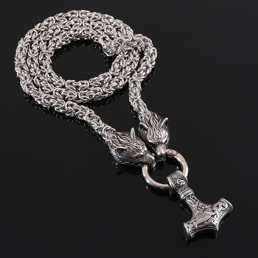 Collier Viking Tête de Loup et Marteau de Thor finition argenté