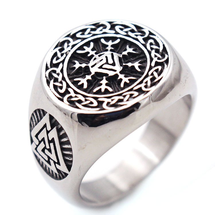 Bague Chevalière Viking Motif Boussole en Acier Inoxydable polie