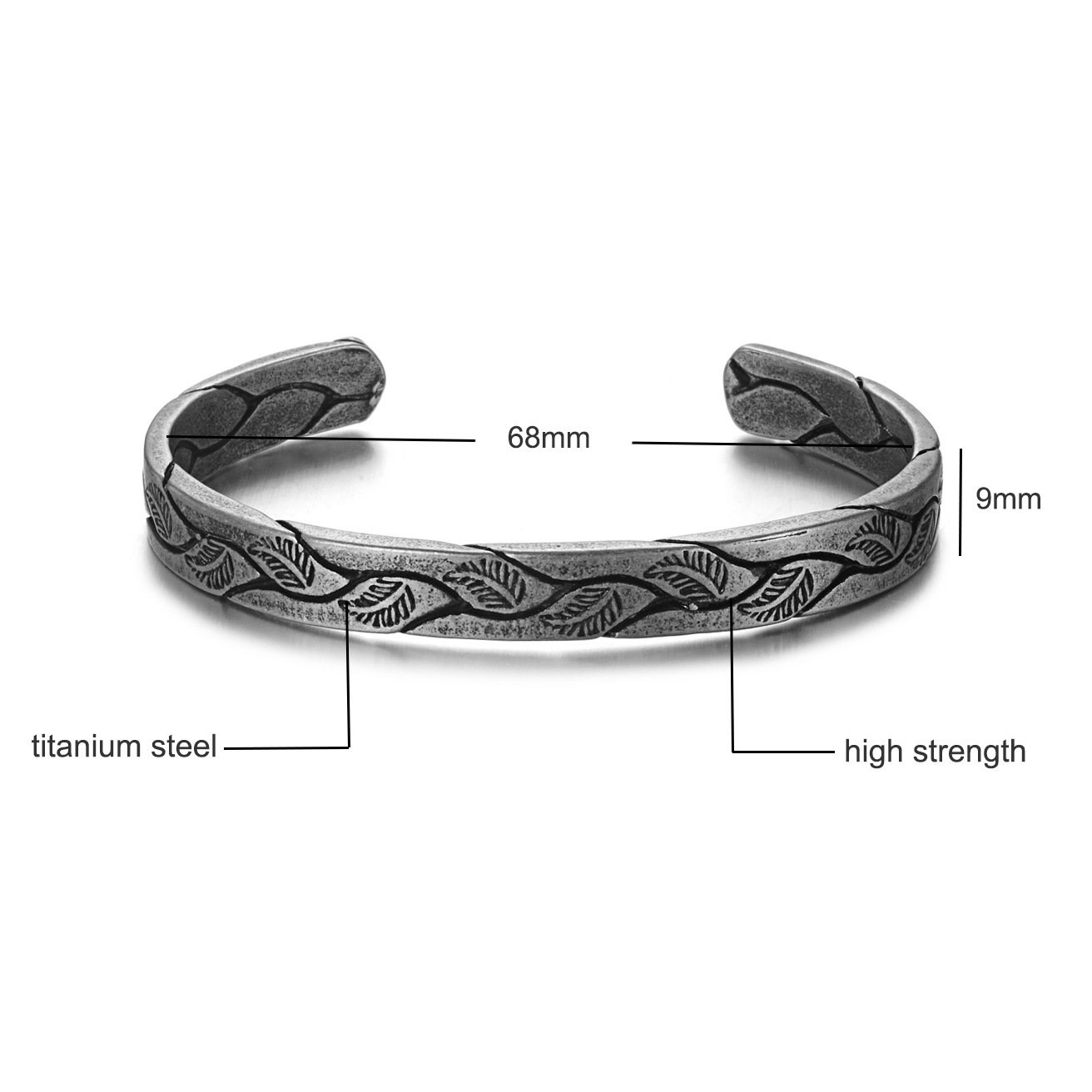 Dimension Bracelet viking en acier titane motif feuille