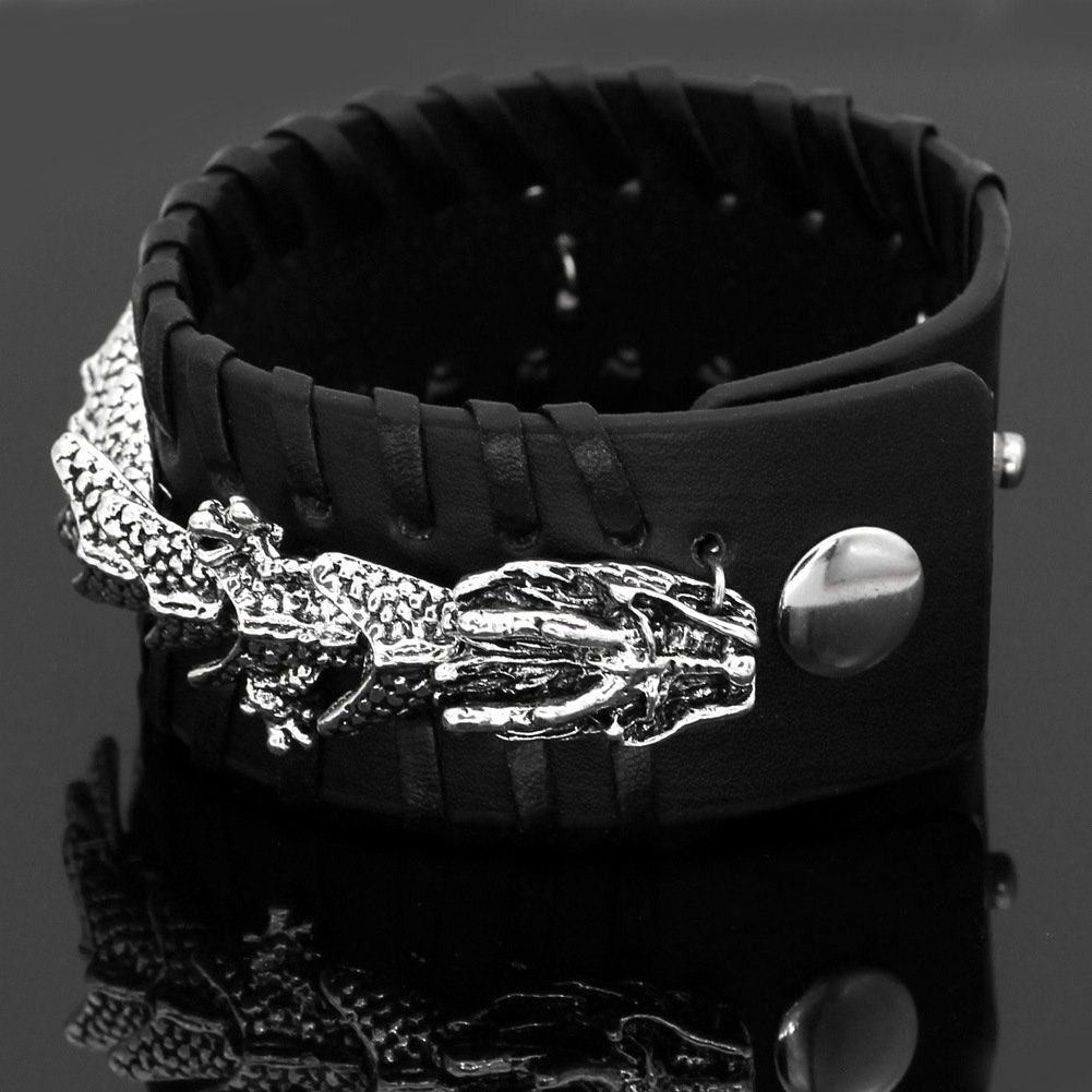 Bracelet Viking en Cuir Noir Motif Dragon noir