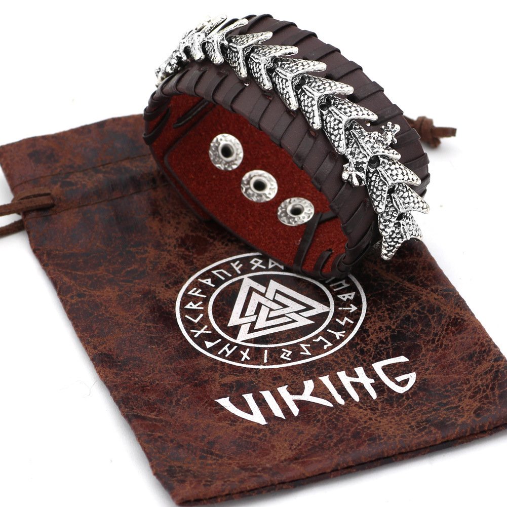 Bracelet Viking en Cuir Noir Motif Dragon rouge avec pochette