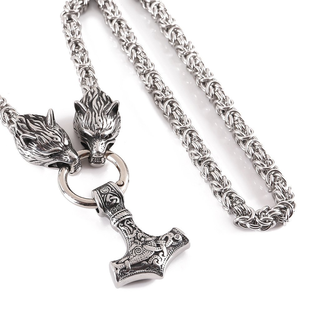 Collier Viking Tête de Loup et Marteau de Thor argenté