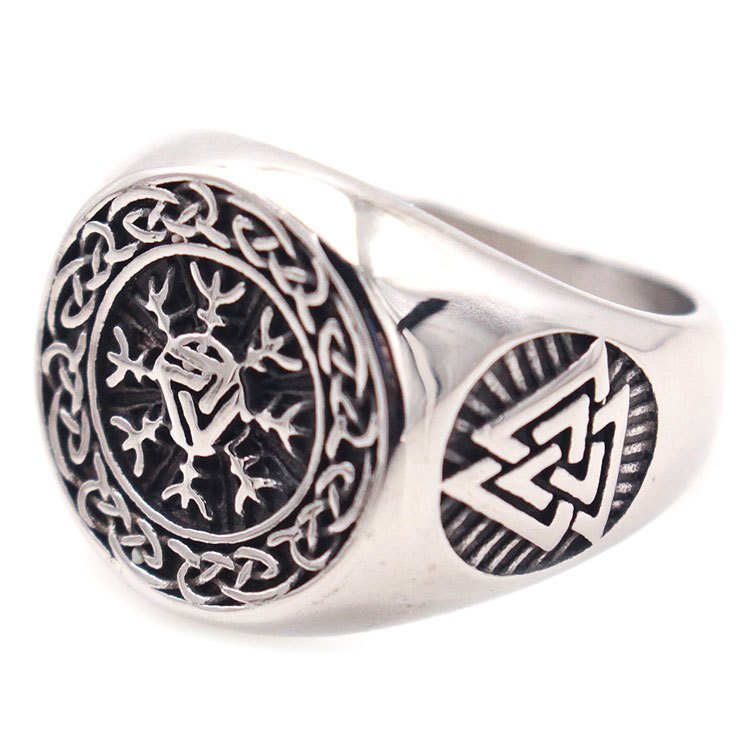 Bague Chevalière Viking Motif Boussole en Acier Inoxydable