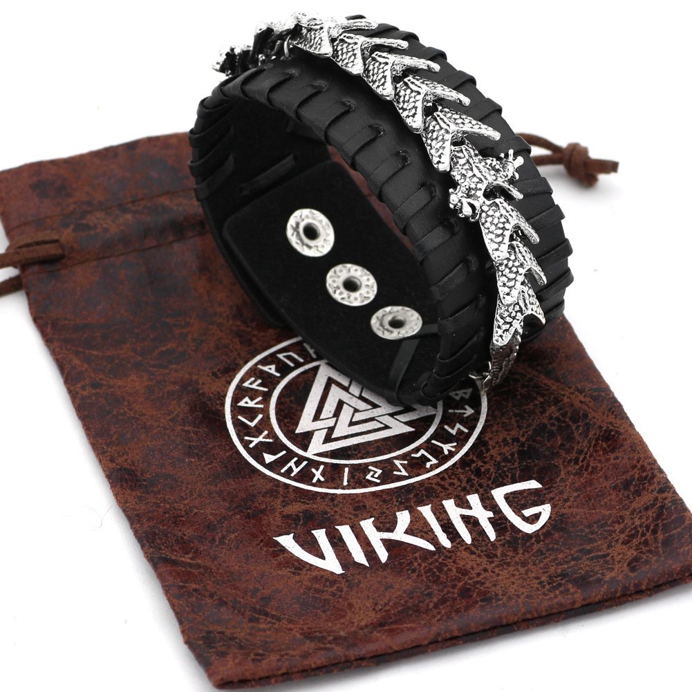 Bracelet Viking en Cuir Noir Motif Dragon noir avec pochette