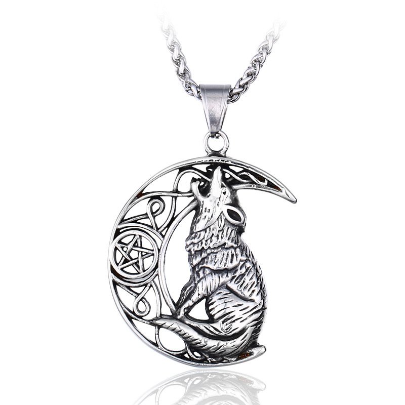 Pendentif Viking Loup et Lune en Acier Titane pour homme