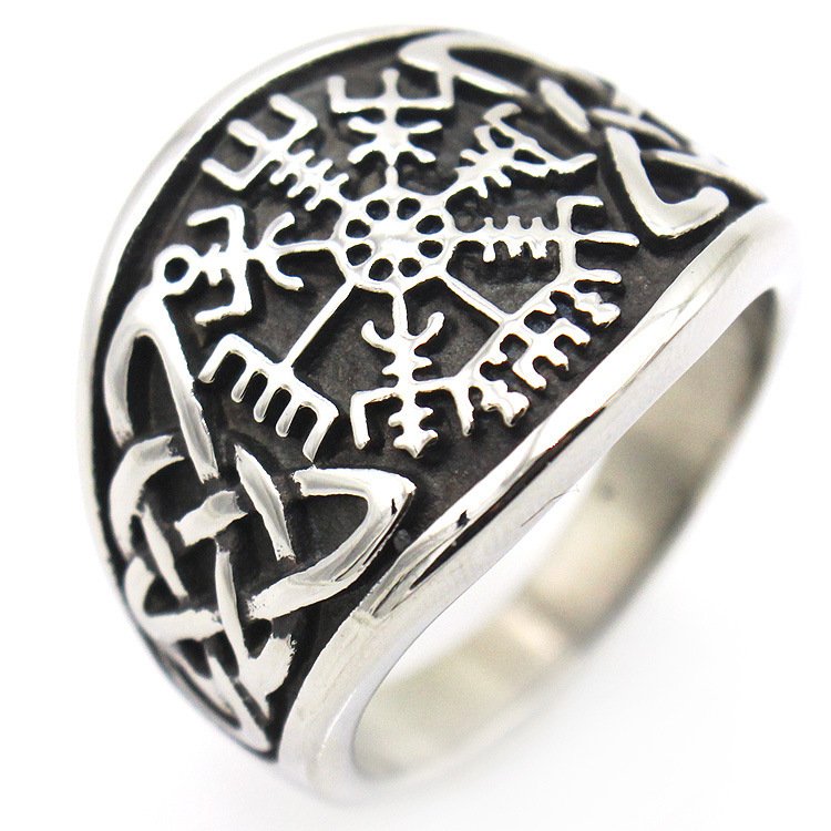 Bague Viking Boussole et Corbeaux argenté