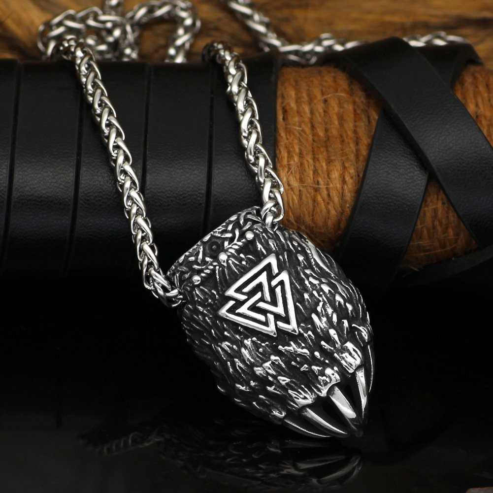 Pendentif Viking Tête de Loup et Valknut en acer titane