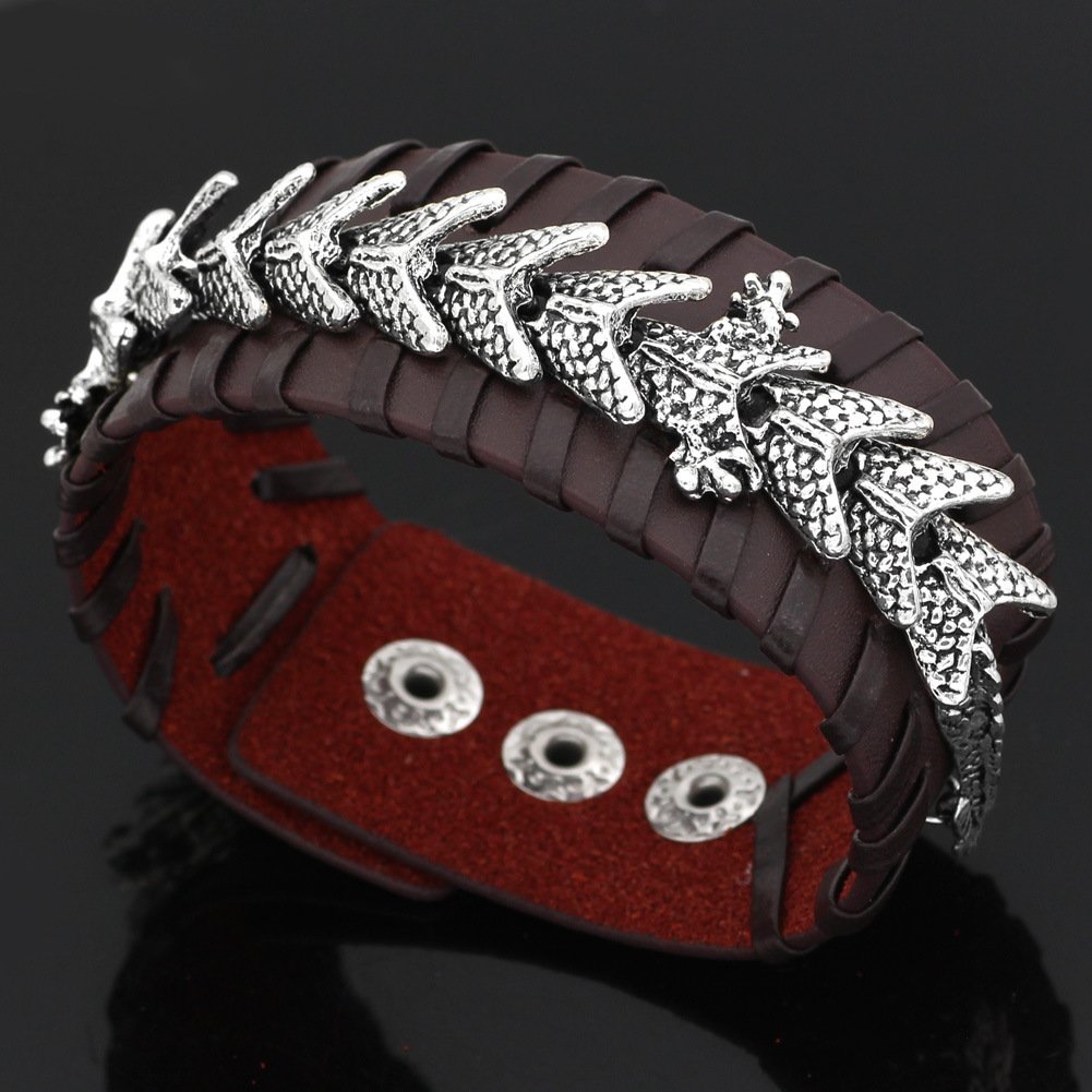 Bracelet Viking en Cuir Noir Motif Dragon fermoir à presse