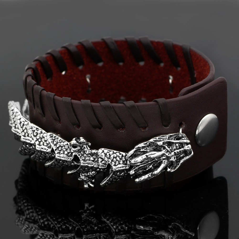 Bracelet Viking en Cuir Noir Motif Dragon rouge