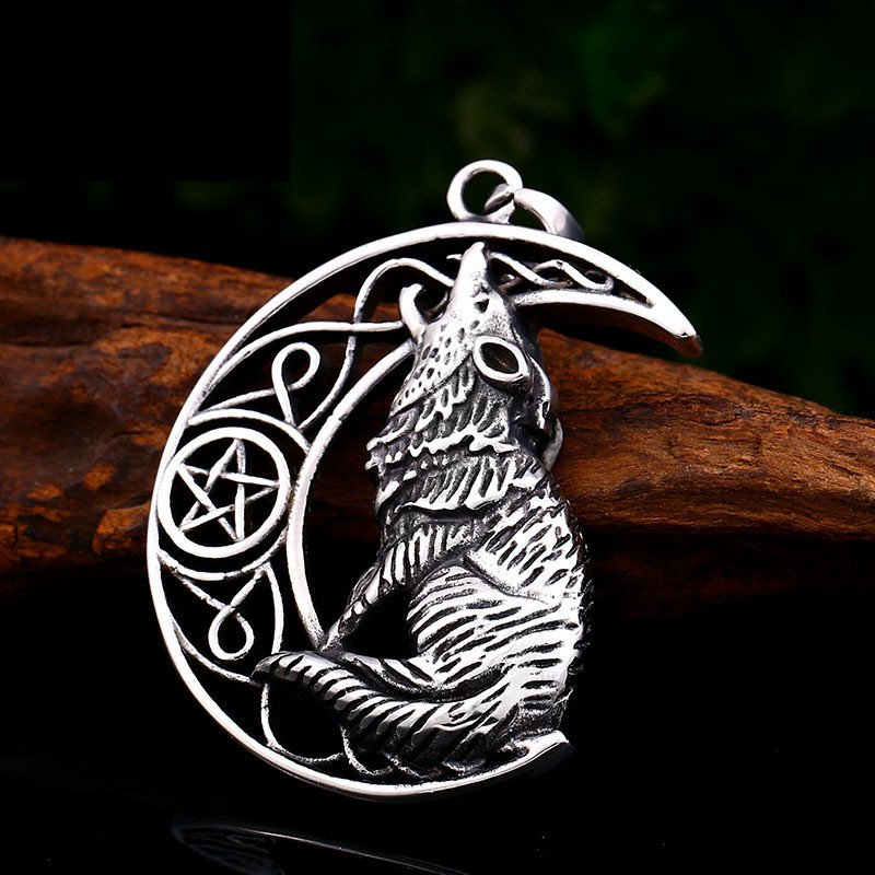 Pendentif Viking Loup et Lune en Acier Titane disponible en plusieurs taille