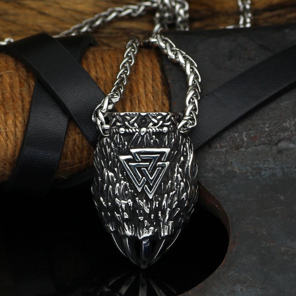 Pendentif Viking Tête de Loup et Valknut argenté