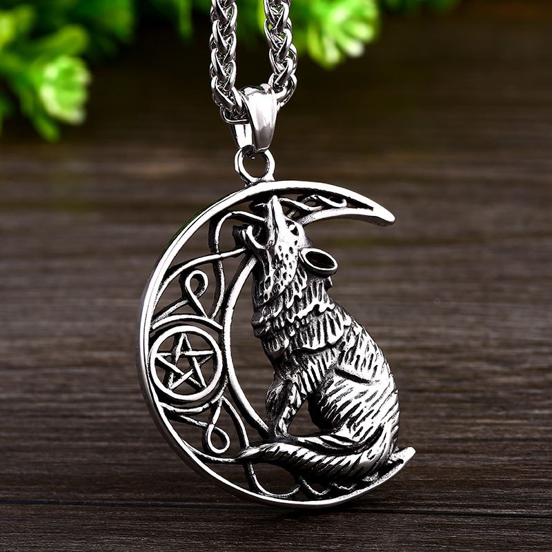 Pendentif Viking Loup et Lune en Acier Titane finition brillante