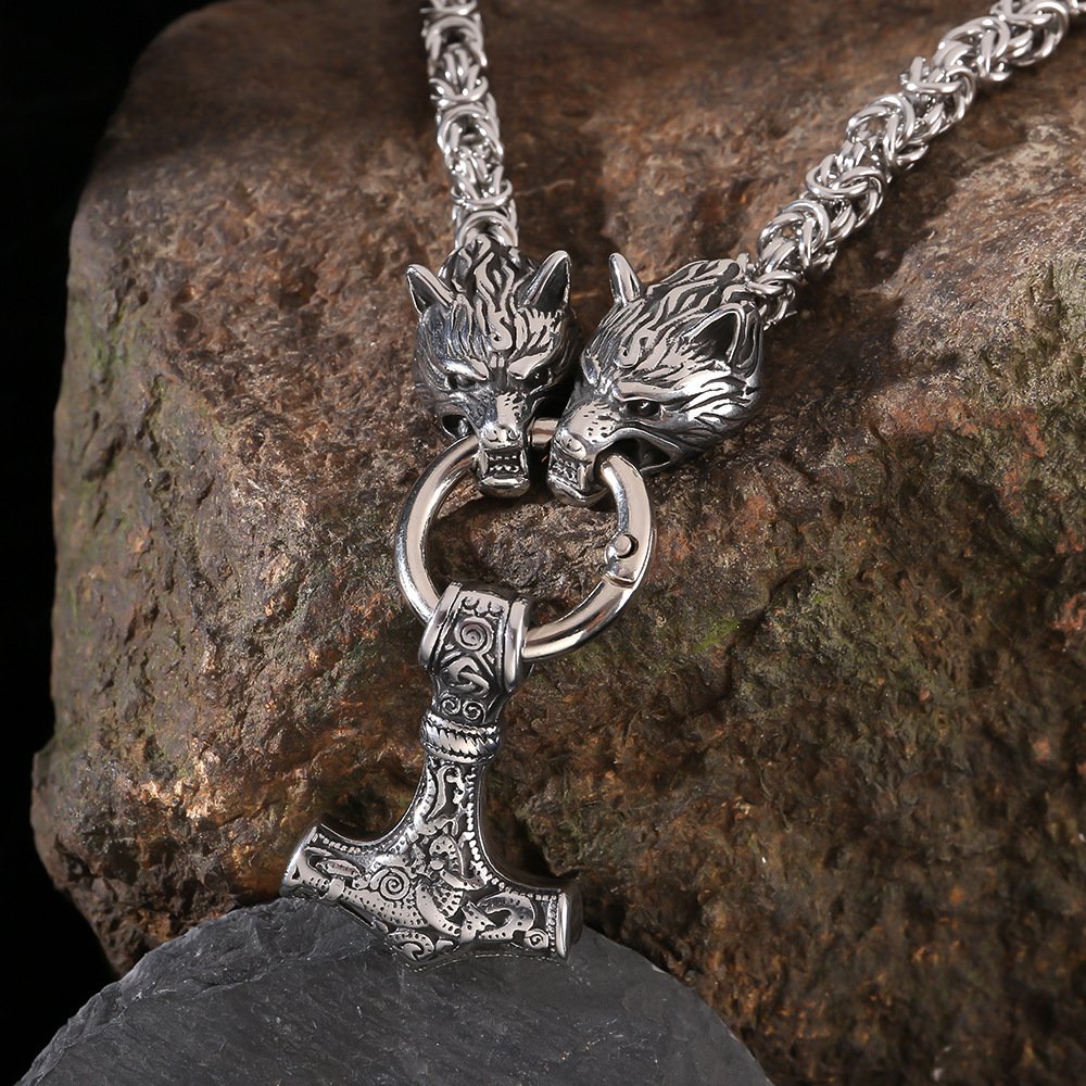 Collier Viking Tête de Loup et Marteau de Thor style retro