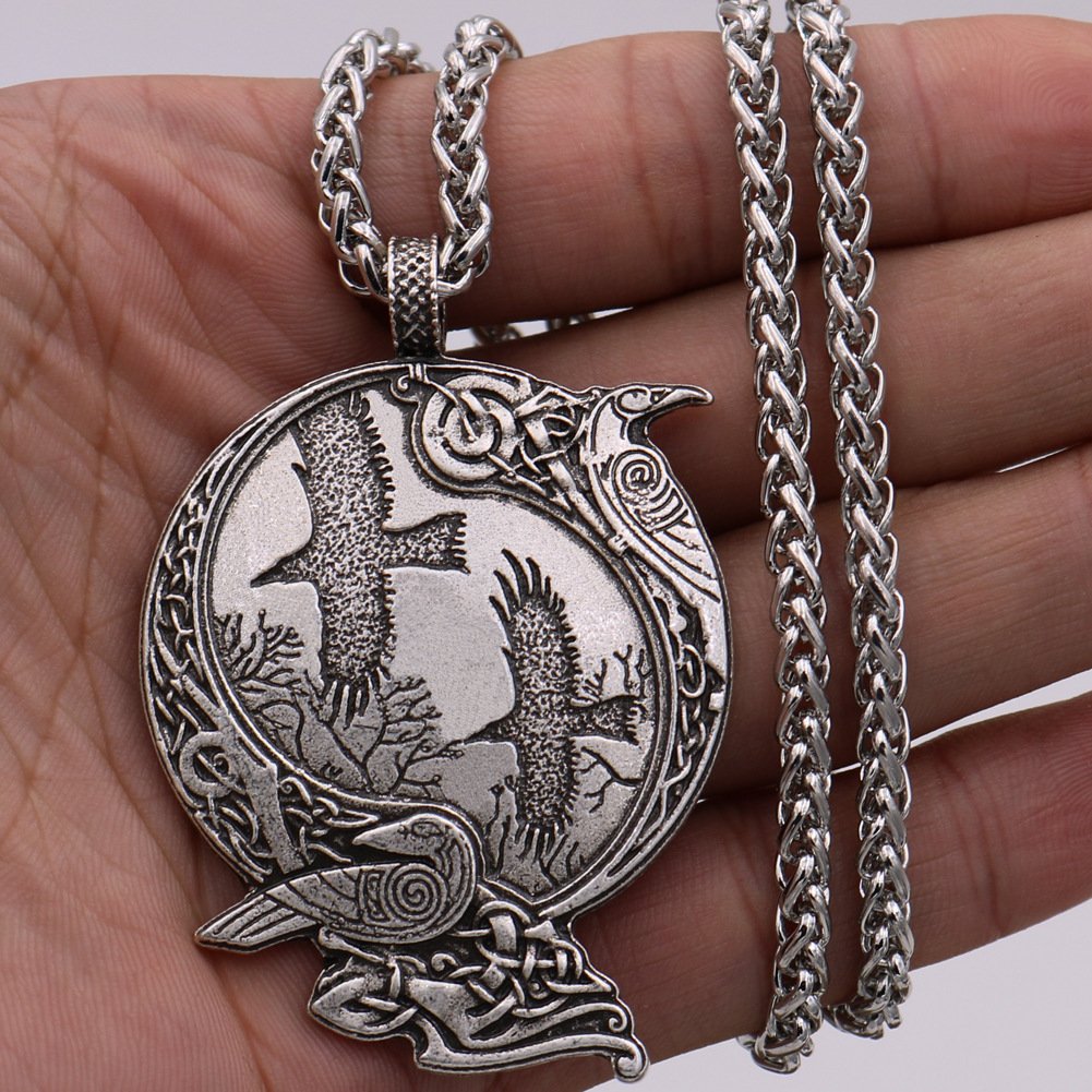 Pendentif Viking Corbeaux et Arbres acier et chaine