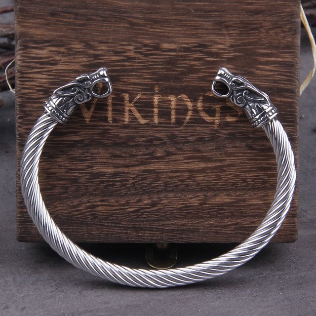 Bracelet Viking Tête de Loup en Acier Inoxydable couleur argent