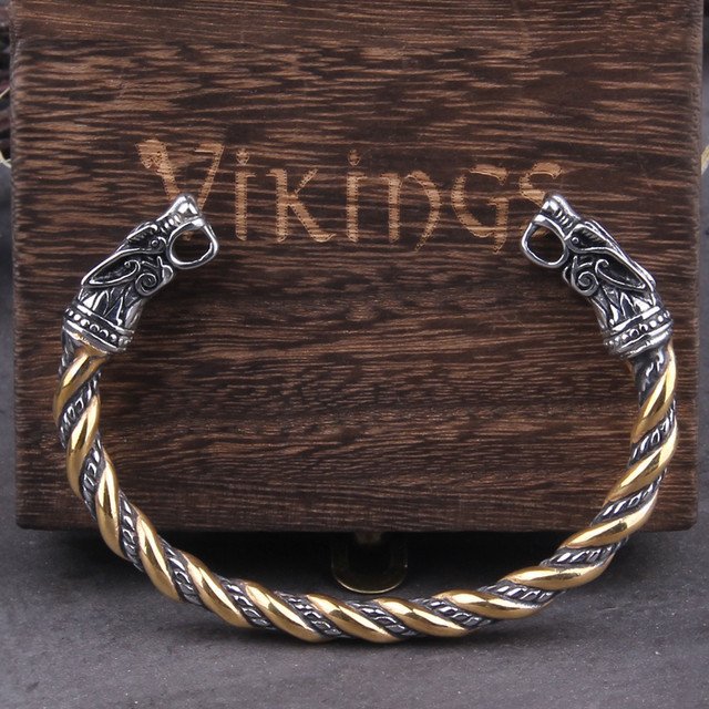 Bracelet Viking Tête de Loup en Acier Inoxydable couleur or et acier