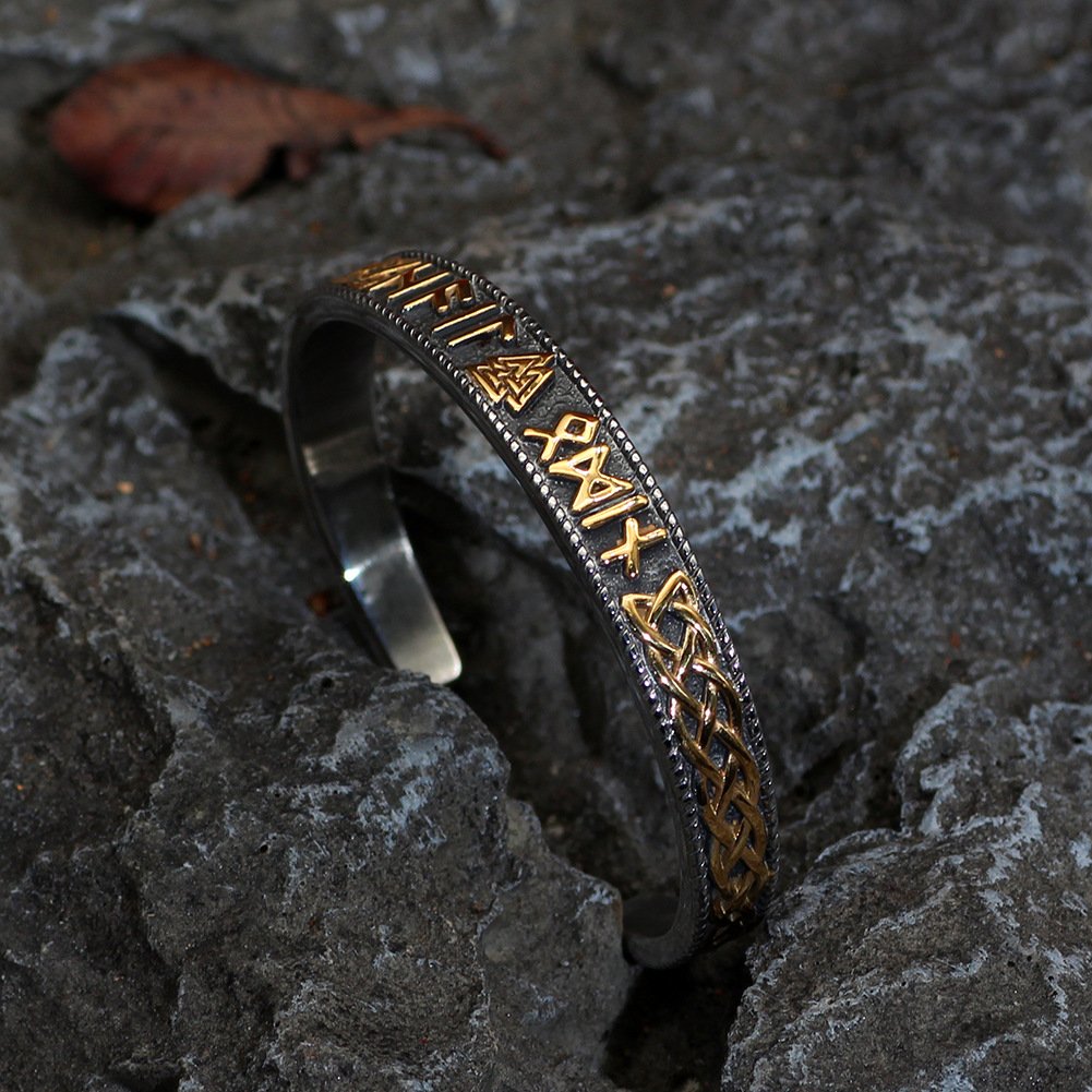 Bracelet Viking en Acier Titane Motif Runique et Entrelacs or