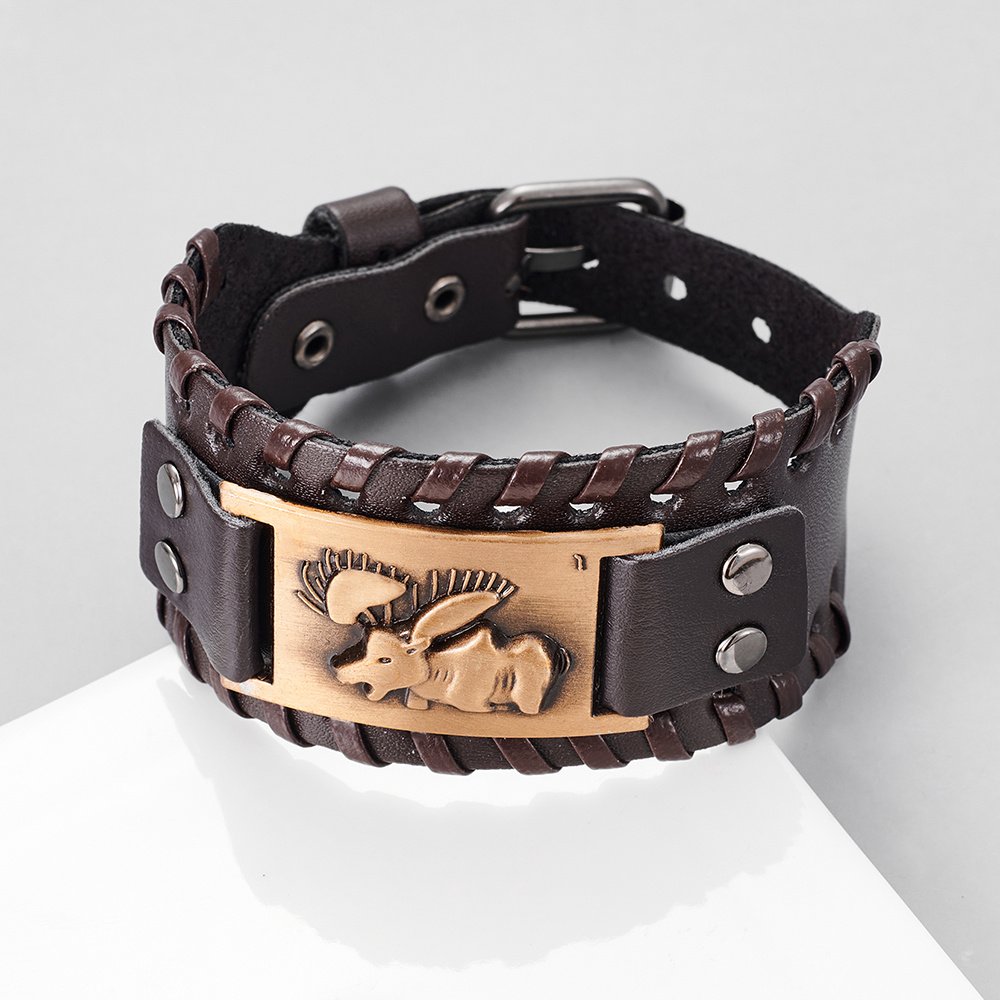 Bracelet Viking Cuir Tête de Loup cerf