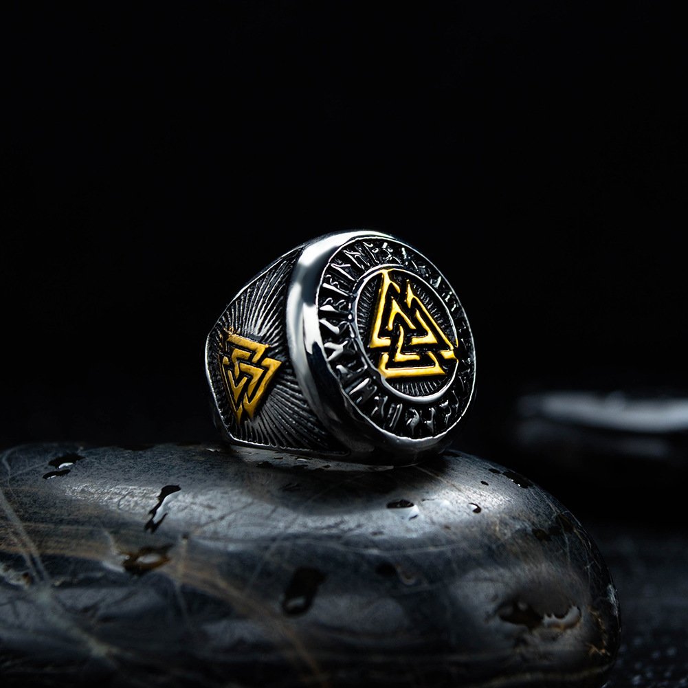 Chevalière Viking Valknut argenté et doré