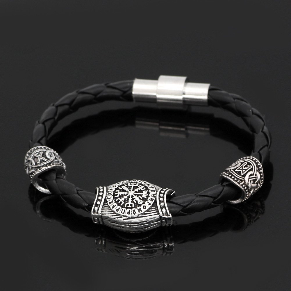 Bracelet Viking en Cuir Tressé avec Symboles vegvisir argenté